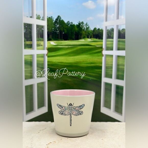 Happy Dragonfly Beige/Pink/Blue Ceramic Planter Pot - Picture 6 of 10